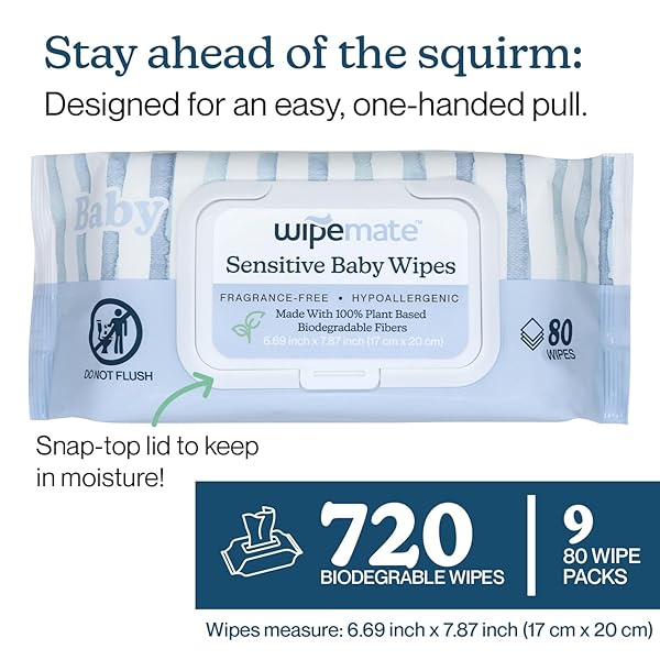WIPEMATE EWG-VERIFIED PREMIUM BABY WIPES, 99% WATER-BASED, PLASTIC-FREE, ULTRA-SOFT PLANT-BASED WIPE, CHLORINE/ALCOHOL-FREE, PH-BALANCED, HYPOALLERGENIC CRUELTY-FREE WITH DURABLE FLIP-TOP LID 720-CT