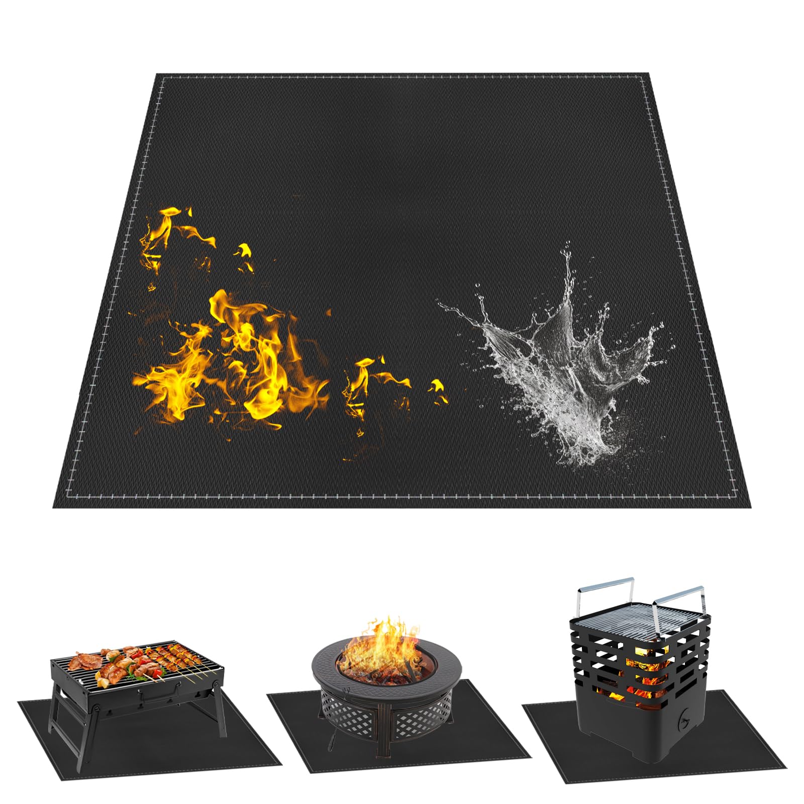 Fireproof Fireplace Mat Fire Resistant, 96 x 96cm Hearth Rugs for Fireplaces, Hearth Pads for Wood Stove Fireplace Indoor Outdoor, Protects Floors from Sparks Embers with Storage Bag (Black, Square)