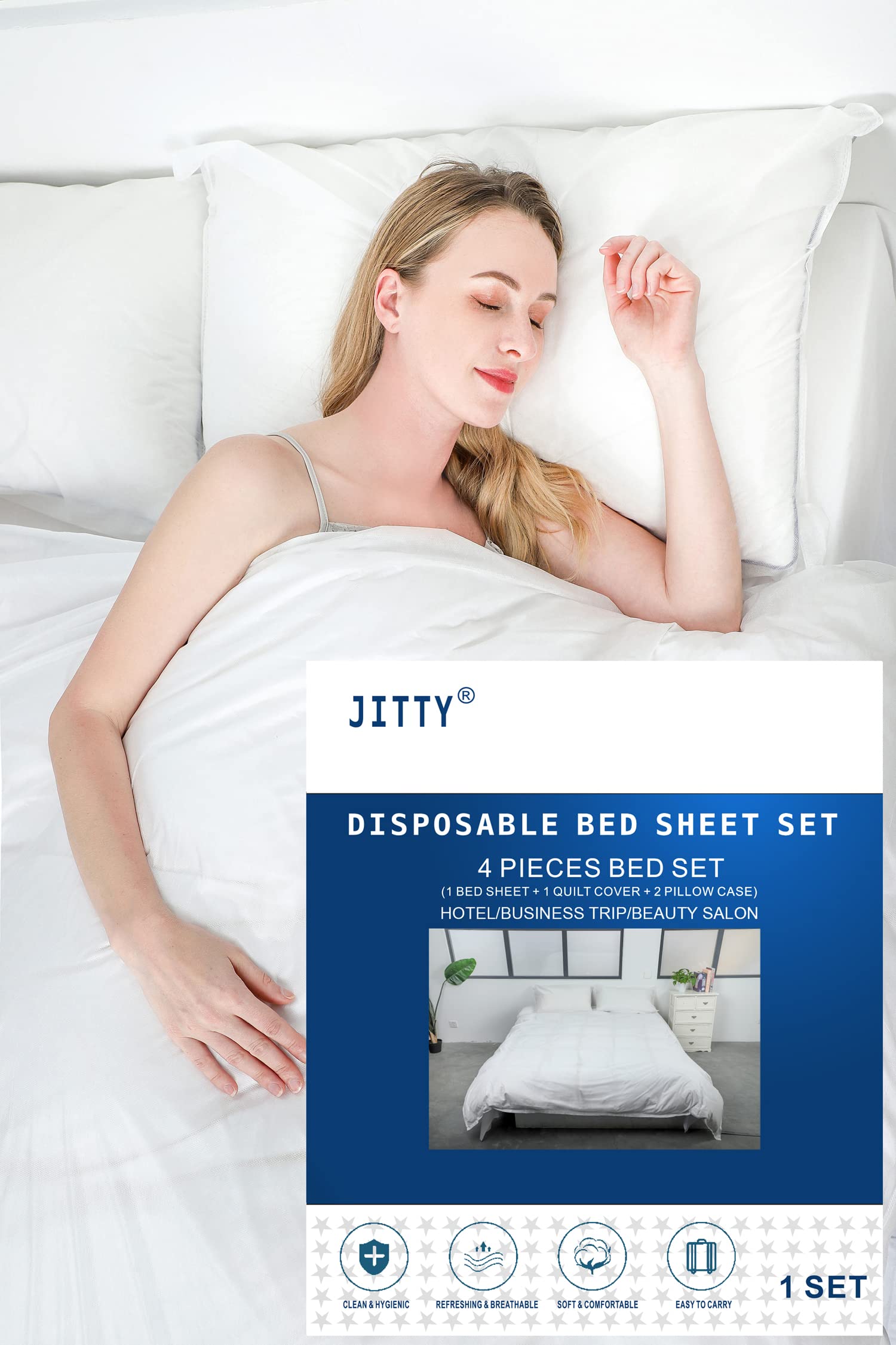 JITTY Disposable Bed Sheets King Size Travel Bedding Cover Portable Bedspread Sheet Pillow Case Quilt Cover for Hotel Travel Spa Business Trip Hospital 4pcs/Pack