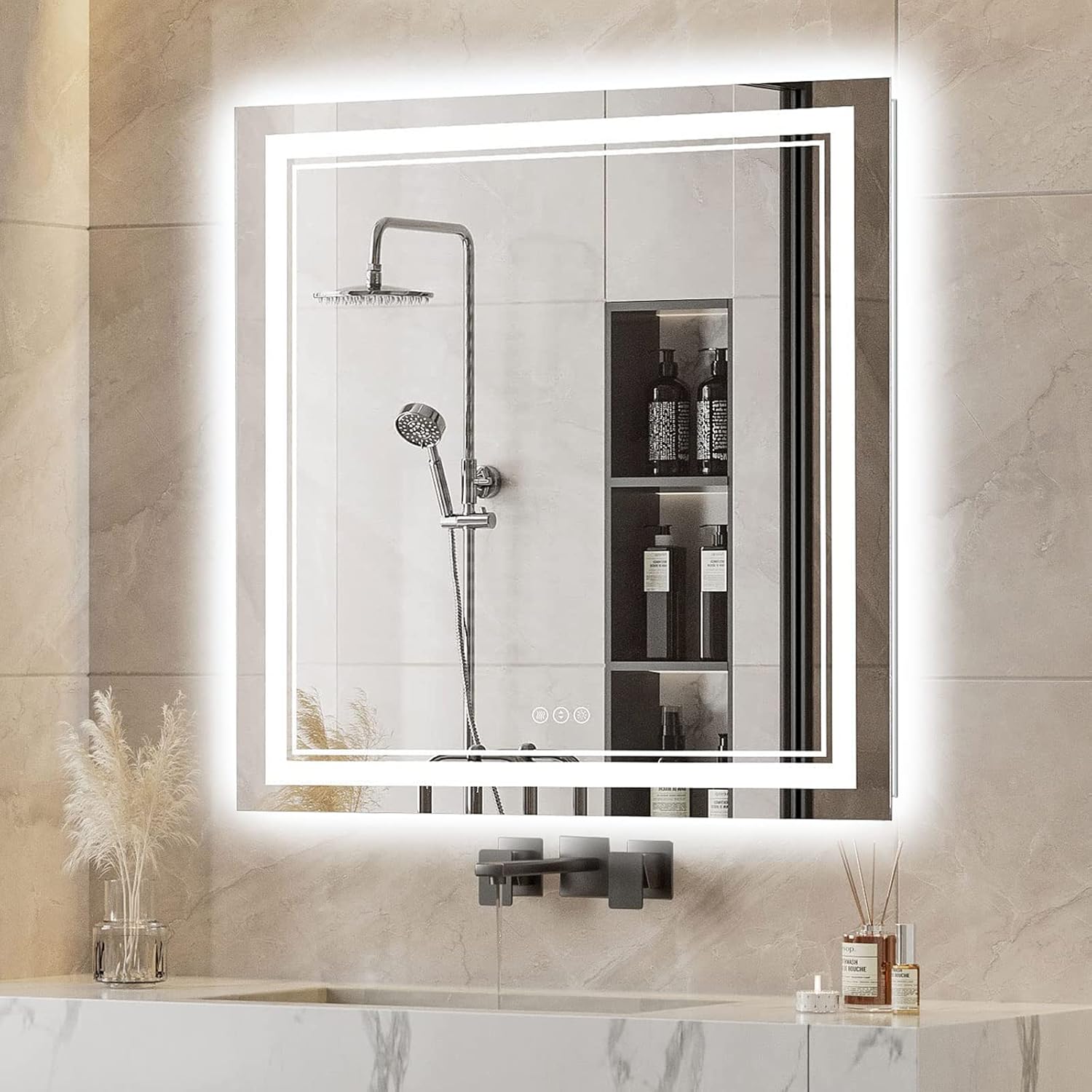 Mirrors - AWANDEE LED Mirror for Bathroom 36x36, Front and Backlit Bathroom Mirror with Lights, Anti-Fog Lighted Vanity Mirror Wall Mounted with 3 Colors, Dimmable, Memory, Shatter-Proof, Horizontal/Vertical