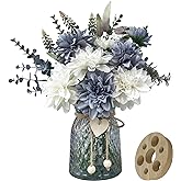 SHINFHOMF Fake Flowers in Vase,8 Dahlias,Silk Artificial Flowers in Vase,Centerpiece Table Decorations,Faux Flowers in Vase with a Flower Arrangement Holder
