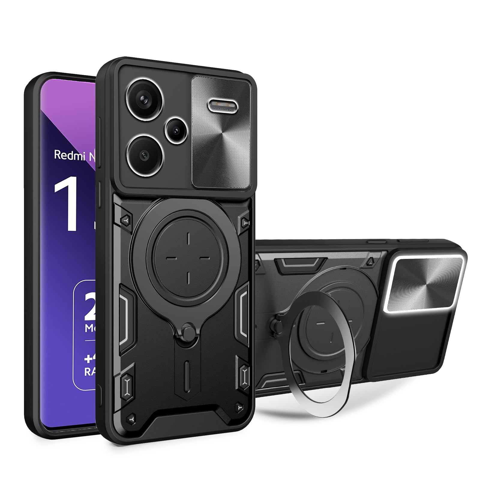 KUSINHOKA Case for Xiaomi Redmi Note 13 PRO+/Redmi Note 13 PRO Plus 5G With Slide Camera Protection Cover,Magnetic Metal Ring Kickstand Shockproof Military Grade Heavy Duty Tough Cover,Black