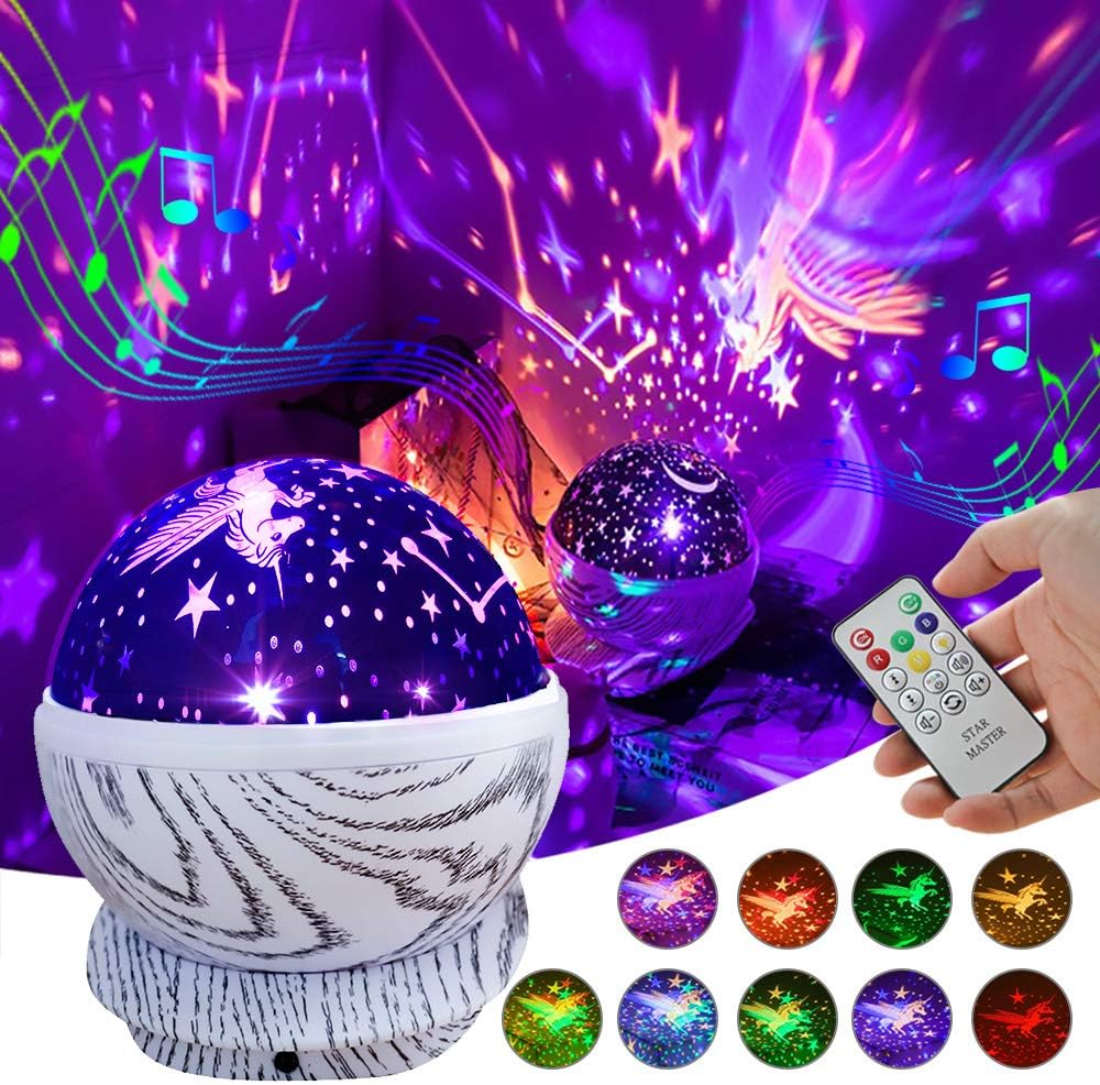 Baby Night Light Projector Rechargeable Kids Unicorn Star Rotating Led Projector Lamp with Remote Control, 8 Musics and 10 Colors, Christmas/Birthday Gifts for 3-12 Year Old Girls Boys Children