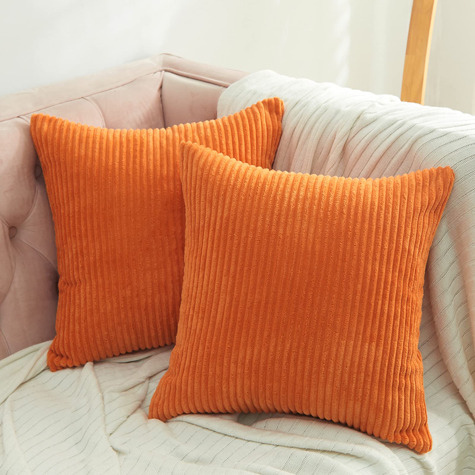 Volcanics Corduroy Cushion Covers Pack of 2 Decorative Square Throw Pillow Covers Cushion Soft Pillowcase 45 x 45cm (18 x 18 Inches) for Home decor Sofa Couch Bedroom, Orange