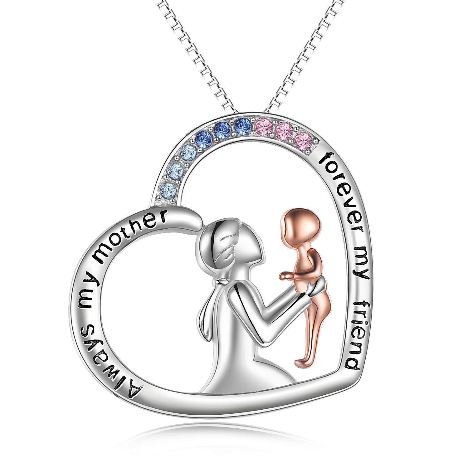 Mother and Child Necklace for Women, 925 Sterling Silver Heart Pnedant "Always My Mother Forever My Friend" Jewellery Birthday Gifts for Mum (mum)