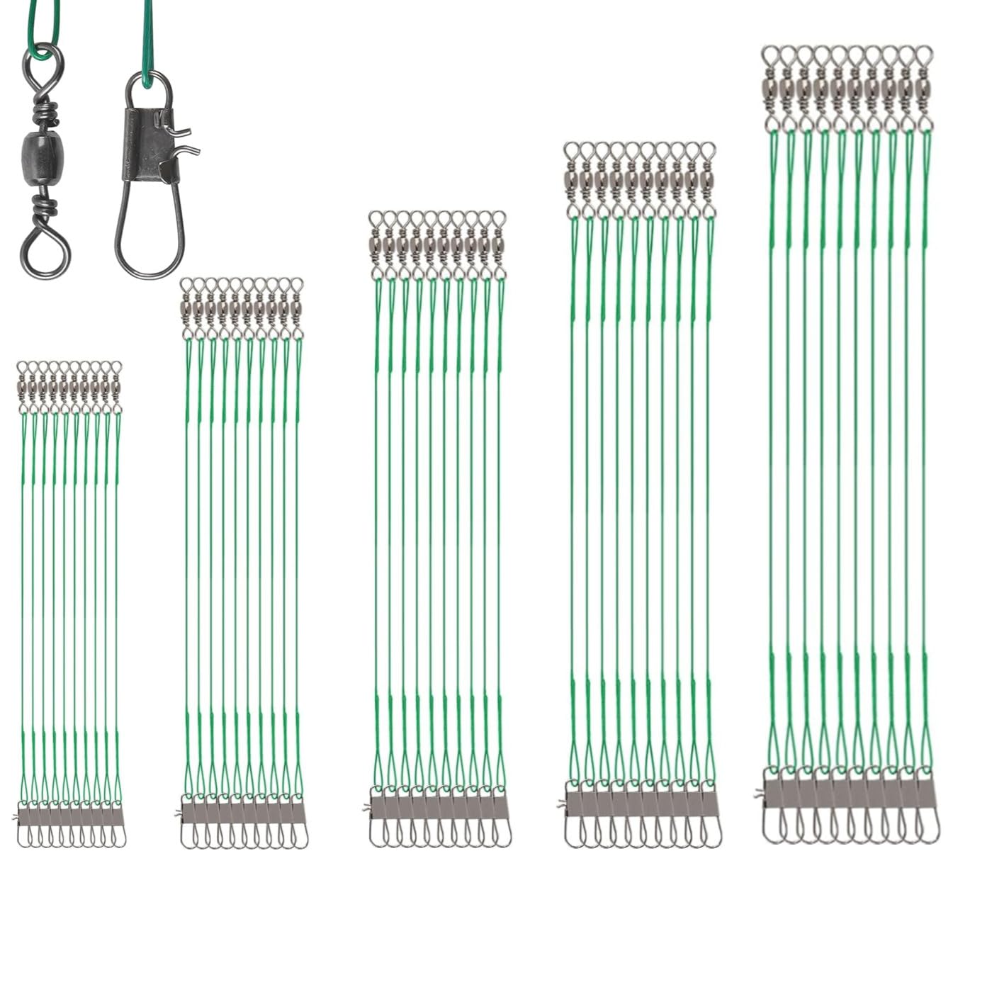 JJiaoLinin Stainless Steel Wire Traces Pike Fishing, 50 Pcs 5 Size Steel Leaders Fishing Hook Anti-Bite Wire Line with Rolling Swivels and Snaps