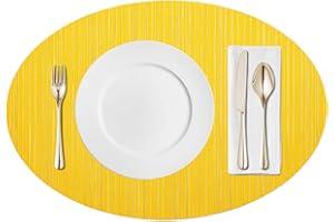 AHHFSMEI Placemats for Dining Table Set of 6 Woven Vinyl Plastic Place Mats Non-Slip Heat Insulation Stain Resistant Table Mats Washable Easy Clean Placemats (Yellow Oval)