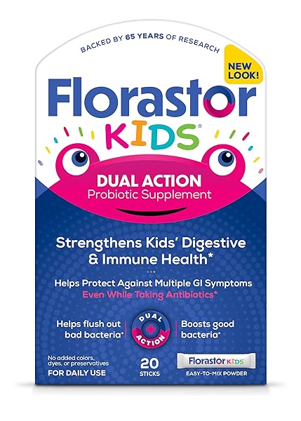 FLORASTOR KIDS DUAL ACTION PROBIOTIC SUPPLEMENT, STRENGTHENS KIDS’ DIGESTIVE & IMMUNE HEALTH, 20 EASY-TO MIX POWDER STICKS, PACKAGING MAY VARY