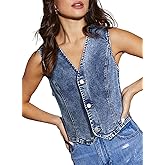Sidefeel Women's Denim Vest Sleeveless V Neck Zimbaplatinum Jean Vest Top Button Down Crop Waistcoat Vest Summer Outfit