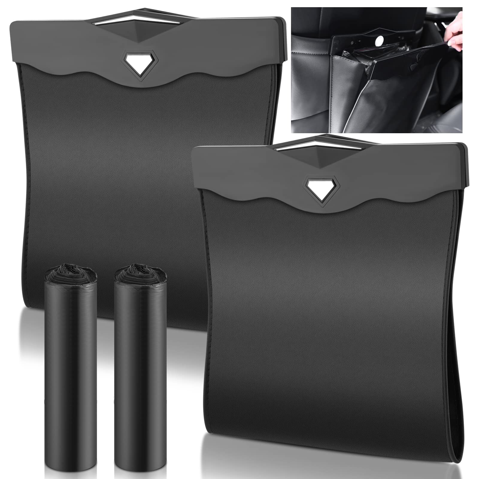 Photo 1 of Fuutreo 2 Pcs Smart LED Car Trash Cans Waterproof Garbage Bags with 30pcs Disposable Trash Bags Hanging Leather Magnet Car Storage Pocket Vehicle Rubbish Bin Garbage Cans(11.8 x 11.4'',Black)