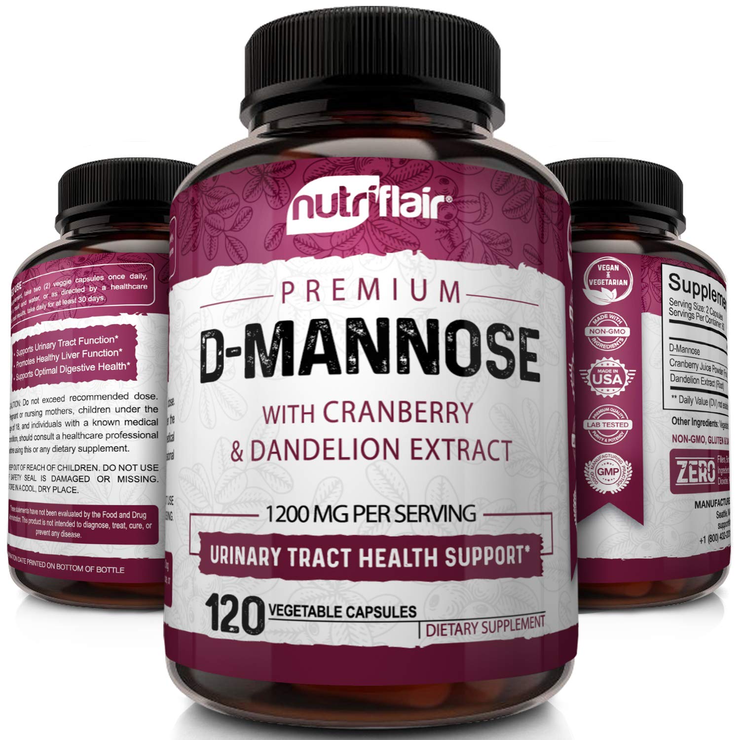NutriFlair D-Mannose 1200mg, 120 Capsules - with Cranberry and Dandelion Extract - Natural Urinary Tract Health UTI Support - Best D Mannose Powder - Flush Impurities, Detox Body, for Women and Men