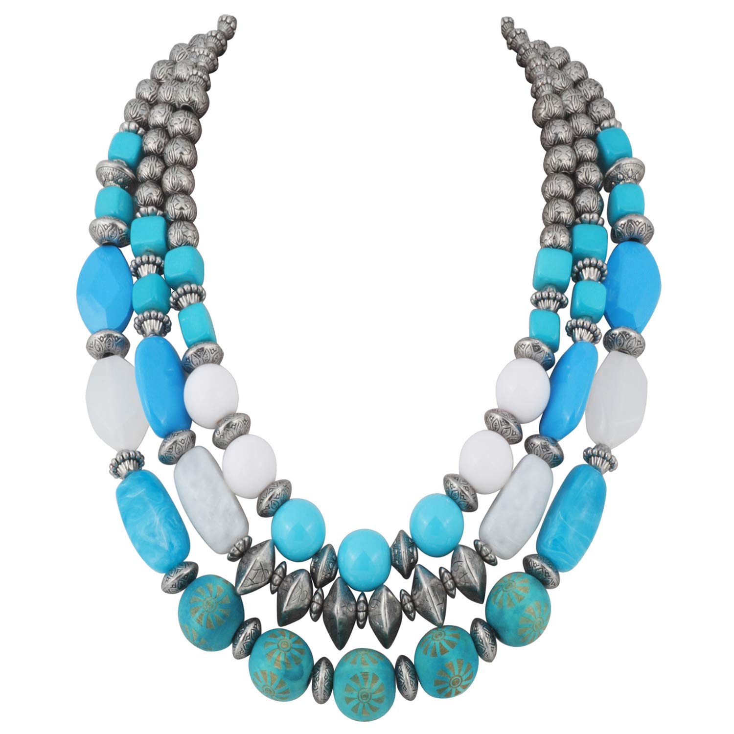 BOCAR 3 Layer Chunky Statement Beaded Necklace Fashion Multi Layer Women Collar Necklace(NK-10625-Cyan Blue)