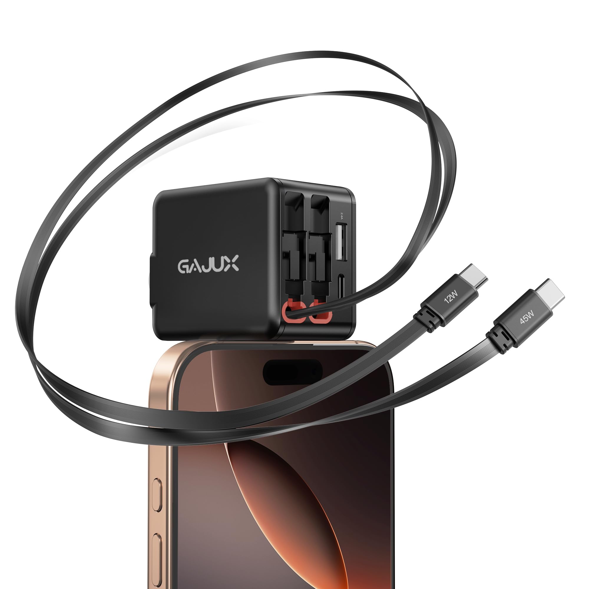 GAJUX Retractable Wall Charger, 45W Retractable Phone Charger Wall Plug with Dual Cables, 4-in-1 Phone Chargers Fast Charging for iPhone 17/16/15 Series, Pad, Tablet, LG, Samsung and More