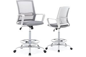 OLIXIS Drafting Chair, Tall Office Chair with Adjustable Foot Ring, Standing Desk Chair Support and Adjustable Armrests, Swivel Rolling Tall Chair, Breathable Mesh, Height Adjustable, Grey