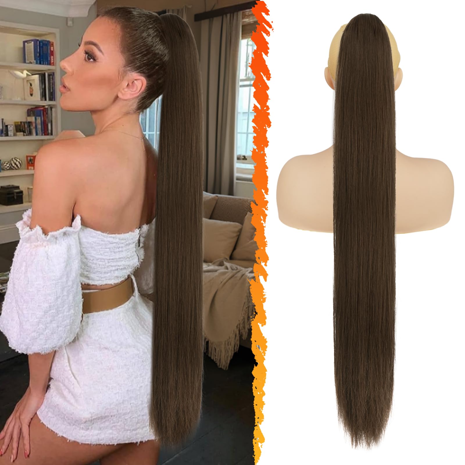 BARSDAR Long Straight Ponytail Extension, 34 Inch Drawstring Brown Ponytail Hair Extensions Synthetic Clip in Pony Tails Hairpieces Fake Ponytails for Women Girls Daily - Chestnut & Chocolate Brown