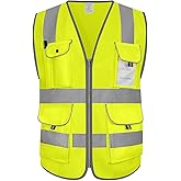Uno Mejor 9 Pockets Full Zip Safety Vest, Class 2 High Visibility Work Vest for Construction, Utility Workers, Meets ANSI/ISEA Standard, Yellow, Large
