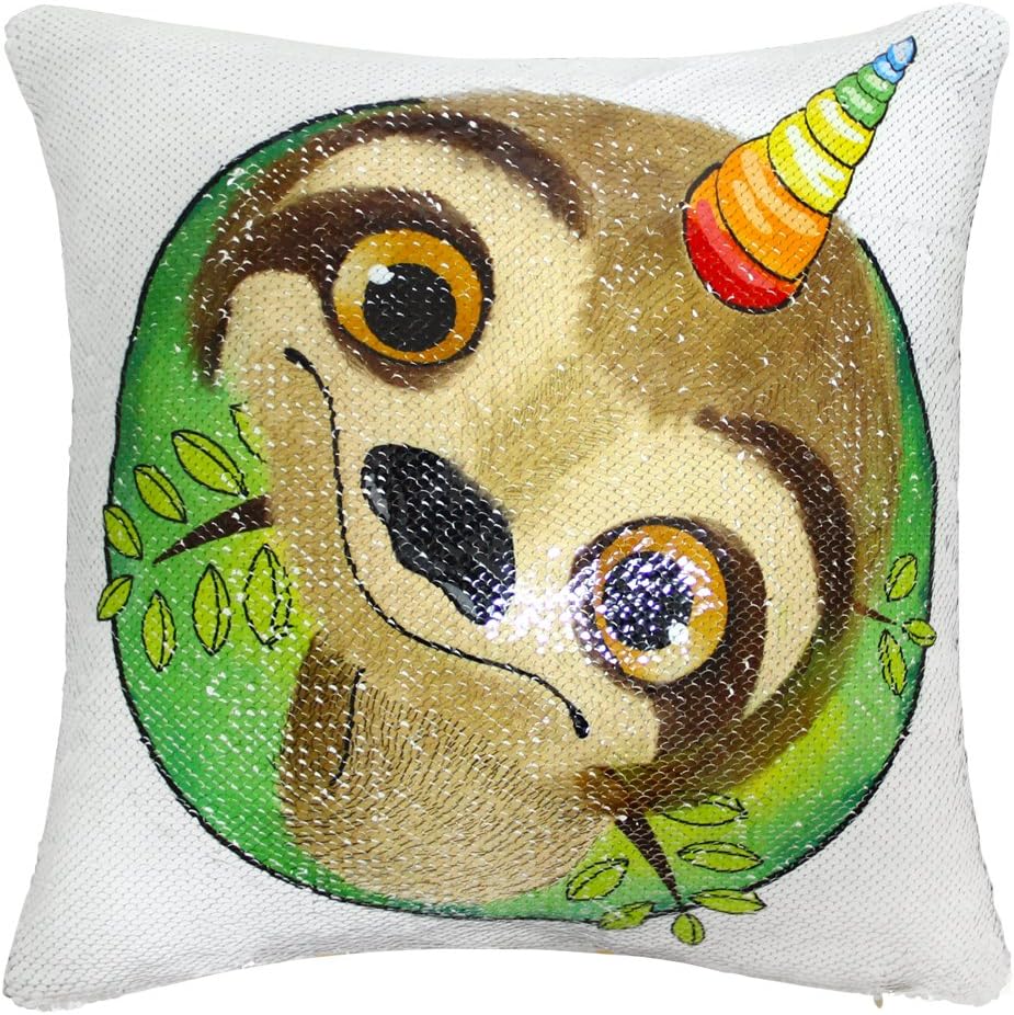 ICOSY Unicorn Mermaid Pillow Case Magic Reversible Sequin Cushion Cover Unicorn Cushions Reversible Sequins Decorative Cushion Covers 40x40cm(Folivora with Unicorn/Silver)