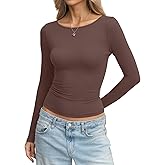 Eachyes Womens Boat Neck Long Sleeve Shirts Slim Fitted Tops Casual Basic Tees Spring Fall Fashion Outfits Clothes