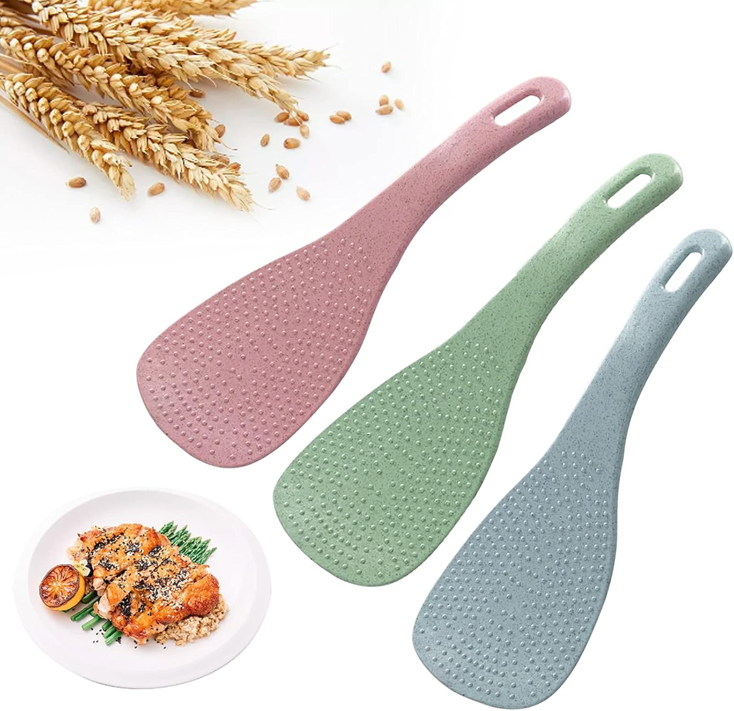 Rice Paddle, Non Stick Rice Spoon Rice Spatula, No Scratch Rice Cooker Rice Scoop Tableware Food Serving Spoons for Home Kitchen Tools (3 PCS, Pink, Green, Blue)