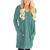 LERUCCI Womens Casual Tunic Sweatshirts for Women Long Sleeves Solid V-Neck Tunics Tops with Pockets Grey Blue XXL