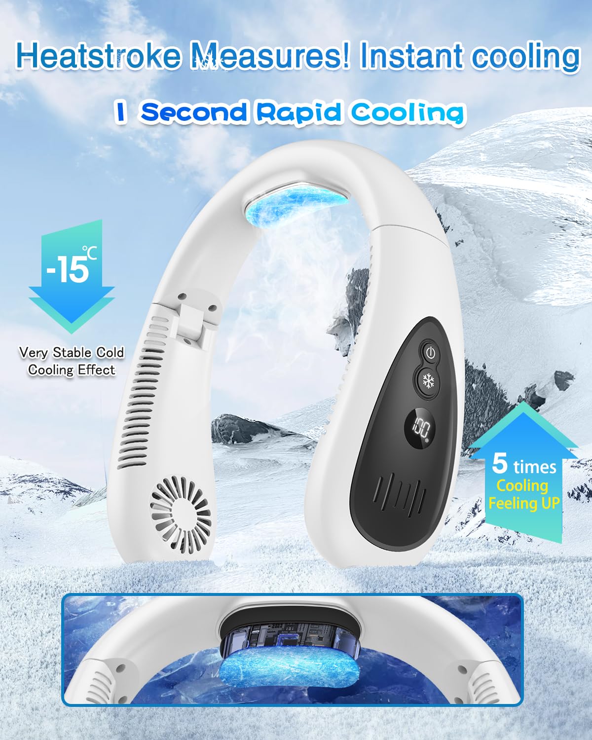 Neck Air Conditioner, 5000mAh Portable Neck Fan with Semiconductor Cooling Airflow Bladeless USB Neck Fans Portable Rechargeable with 3 Speeds, LED Display, Personal Fan for Outdoor Travel Indoor