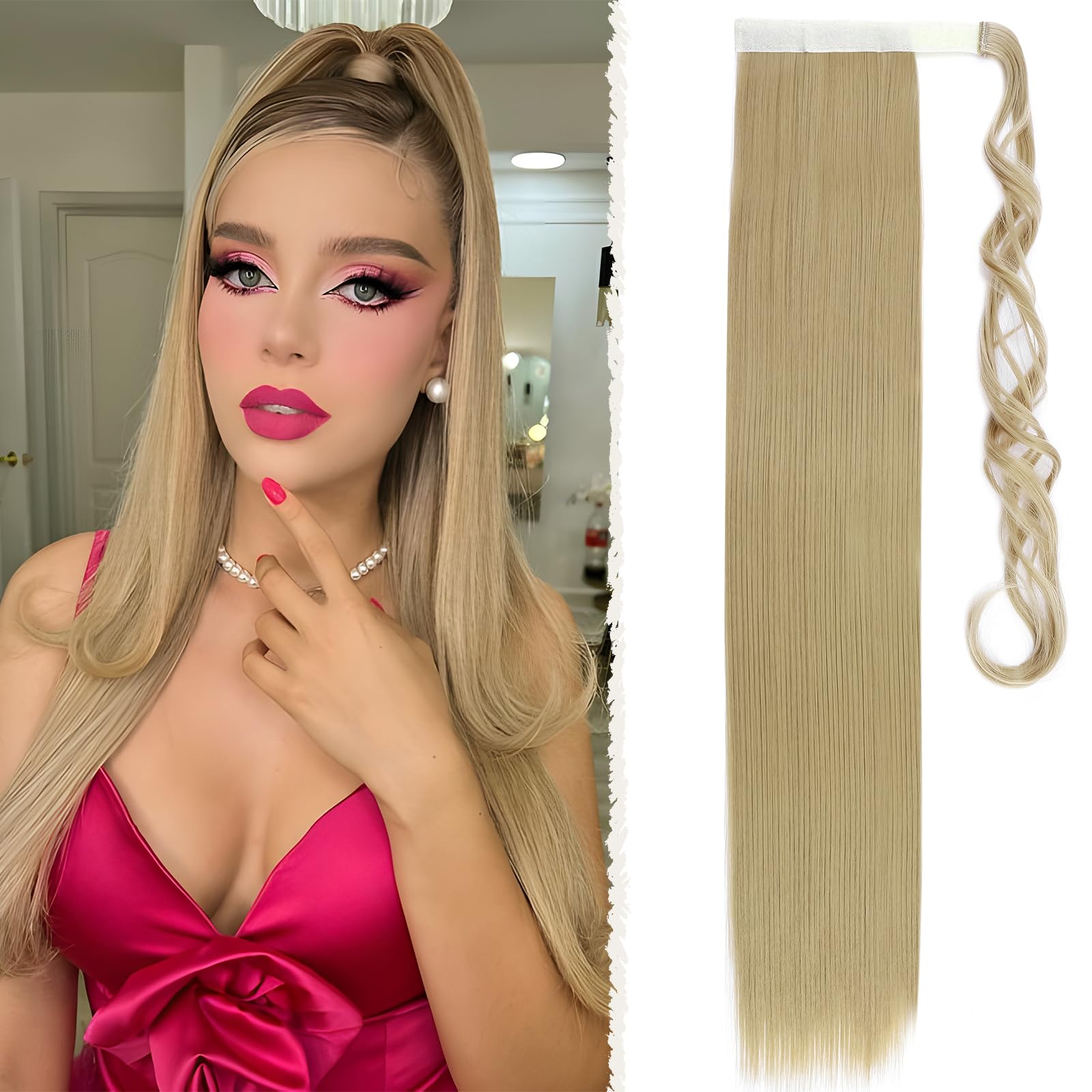 Benehair Straight Ponytail Extension 26 Inches Long Wrap Around Drawstring Ponytail Synthetic Hair Extension Ponytail Hairpieces Bleach Blonde Hair Pieces for Women(Bleach Blonde, 100g)