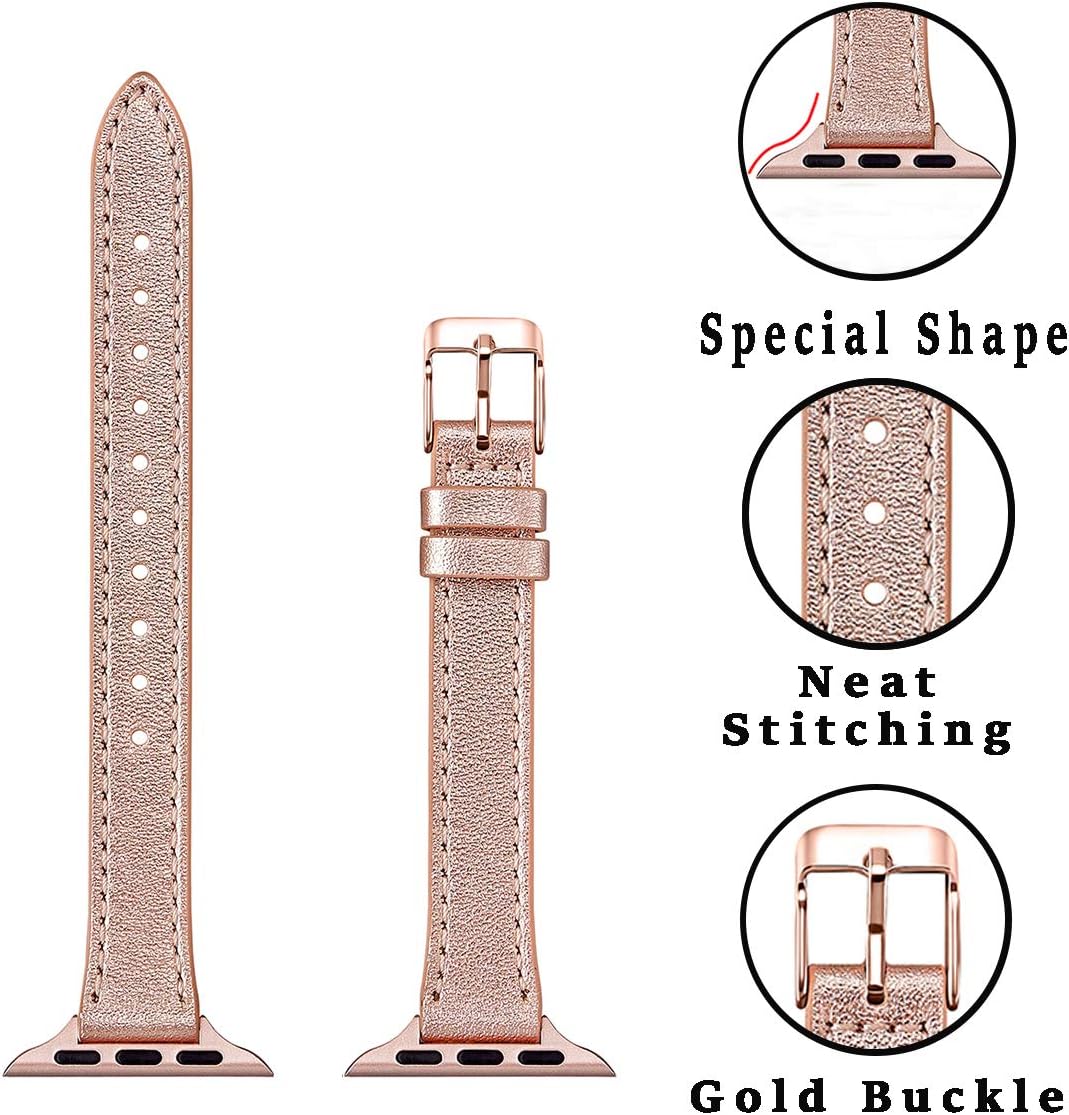 SUNFWR Compatible with Apple Watch Strap 38mm 40mm 41mm,Genuine Leather Strap Replacement,Slim&Thin Wristband for iwatch Series 7/6/5/4/3/2/1,SE(38mm 40mm 41mm,Rosegold&Rosegold) - Image 3