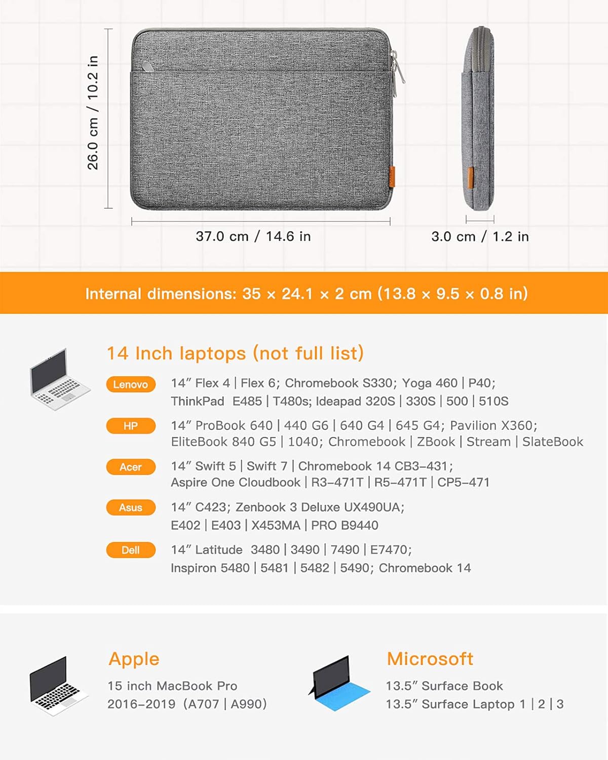 Inateck 14 inch Laptop Case Sleeve Compatible with 15 inch MacBook Air M5 M4 M3 M2 2023-2026, 14 inch Chromebook, Notebook - Image 3