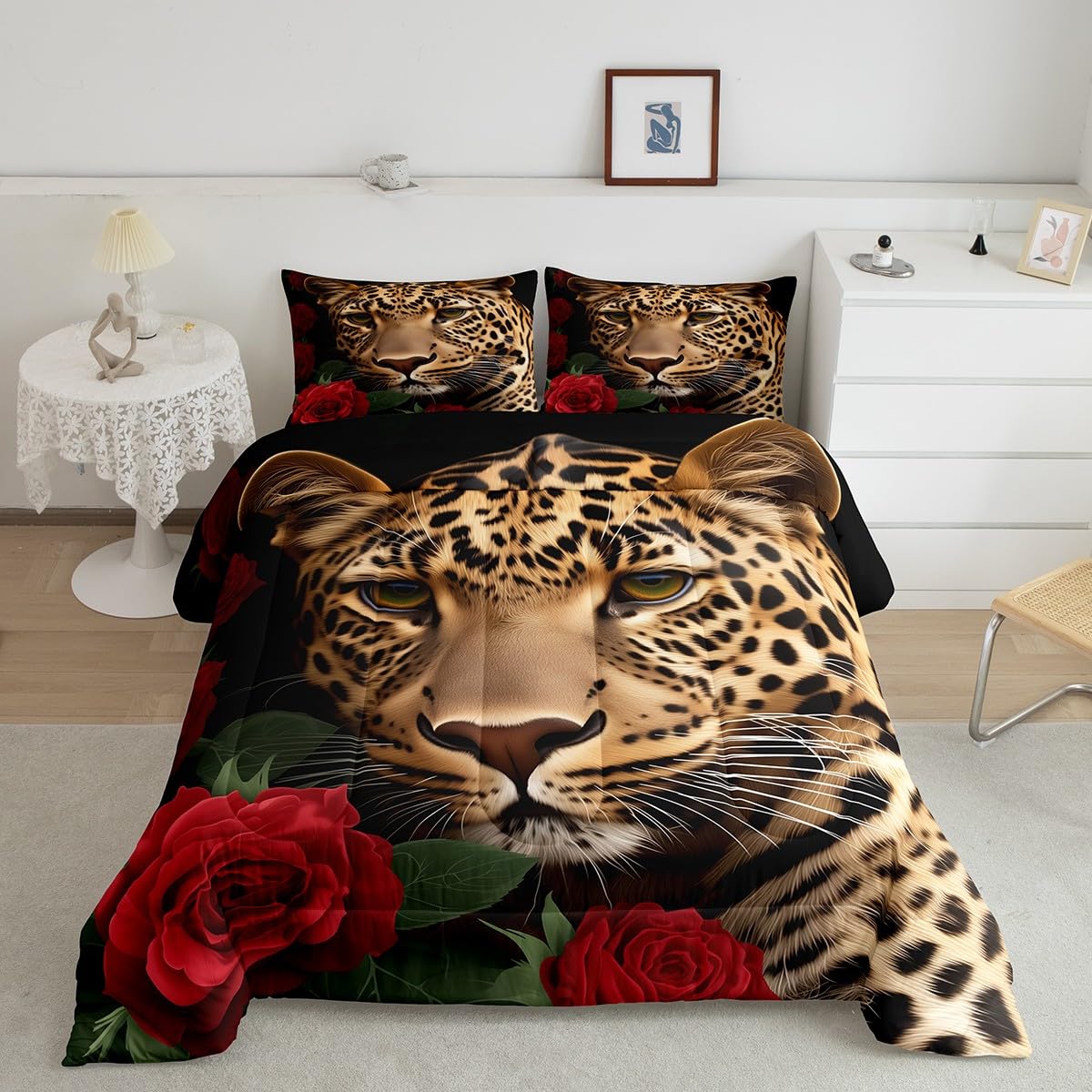 Erosebridal Red Rose Cheetah Bedding Set, Cat