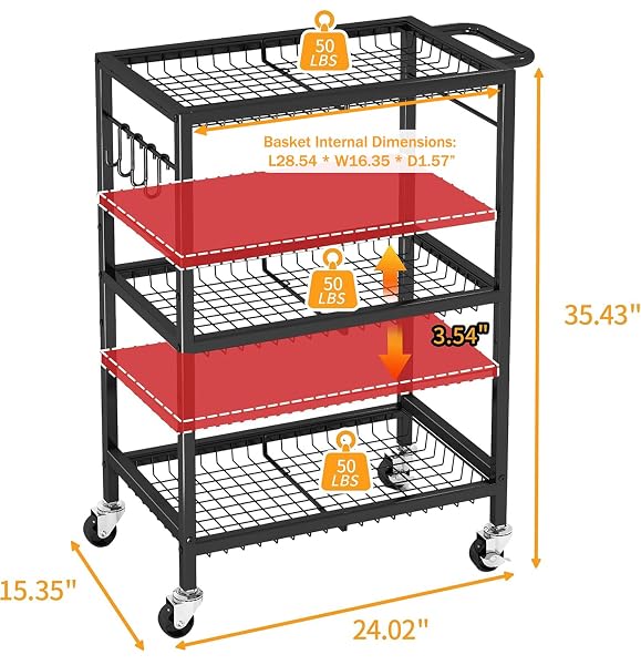 3-TIER ROLLING CART, SPACE-SAVING KITCHEN CART WITH 150LBS CAPACITY, BLACK STORAGE CART WITH 2 LOCKABLE WHEELS FOR KITCHEN ISLAND, RESTAURANT, GARAGE, BACKYARD（NO WOODEN BOARDS, LIGHTWEIGHT VERSION）