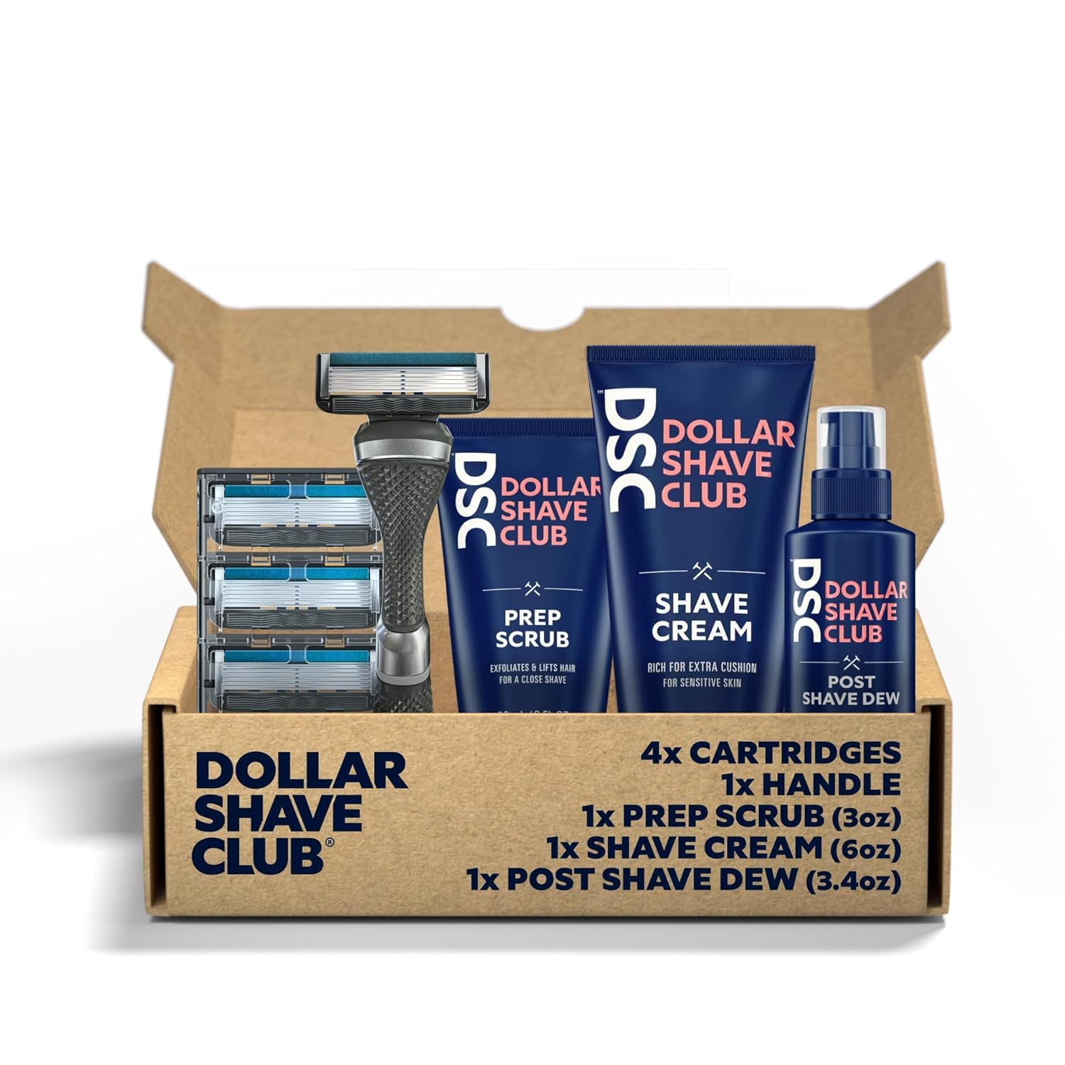 Photo 1 of Dollar Shave Club | Ultimate Shave Set | 4 Extra Close Refill Cartridges, 1 Handle, 1 Prep Scrub 3 ounce, 1 Shave Cream 6 ounce, 1 Post Shave Dew 3.4 ounce