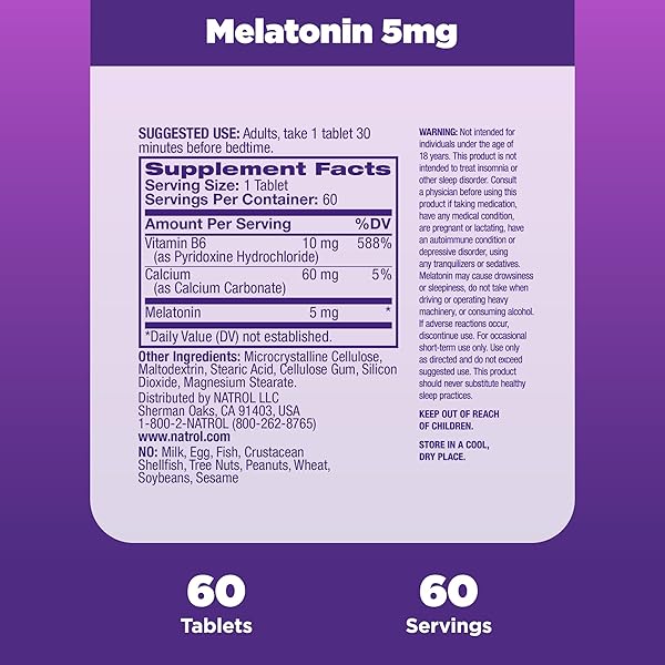 NATROL MELATONIN 5 MG, DIETARY SUPPLEMENT FOR RESTFUL SLEEP, SLEEP SUPPLEMENTS FOR ADULTS, 60 MELATONIN TABLETS, 60 DAY SUPPLY