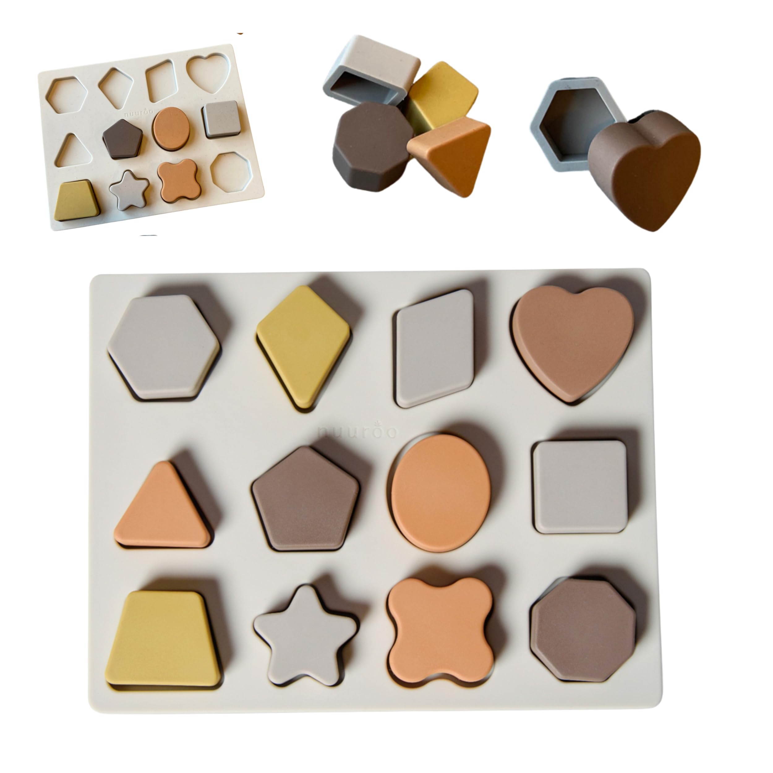 NUUROO Silicone Puzzle for Babies & Toddlers | 12-Piece Geometric Shape Sensory Sorting Toy | Safe Silicone for Hand-Eye Coordination & Fine Motor Skills | Designed in Denmark (Brown Mix - Puzzle)