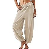 Springrain Womens Baggy Wide Leg Pants Cotton Elastic Waisted Loose Palazzo Harem Pants with Pockets
