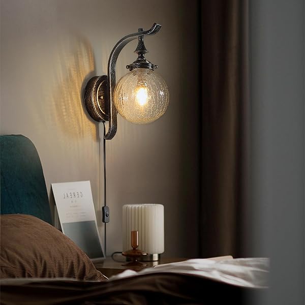 MGCANYU GLOBE GLASS WALL SCONCE SET OF 2, FARMHOUSE VINTAGE PLUG IN WALL LIGHT FIXTURES RUSTIC INDUSTRIAL WALL LIGHTS FOR BEDROOM BATHROOM HALLWAY