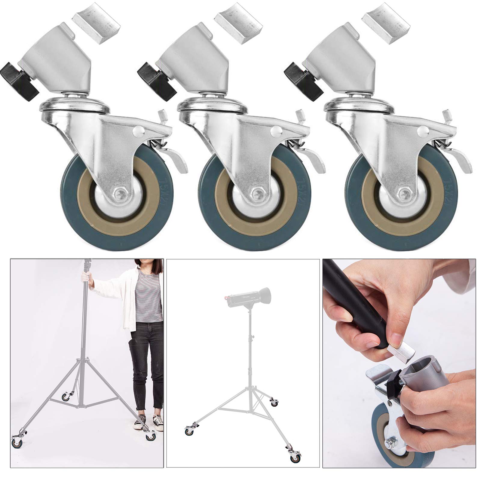 Photo Studio Tripod Easy Swivel Caster Wheel For Light Stands & Studio Boom For Leg Diameter 22mm Only, 3Packs