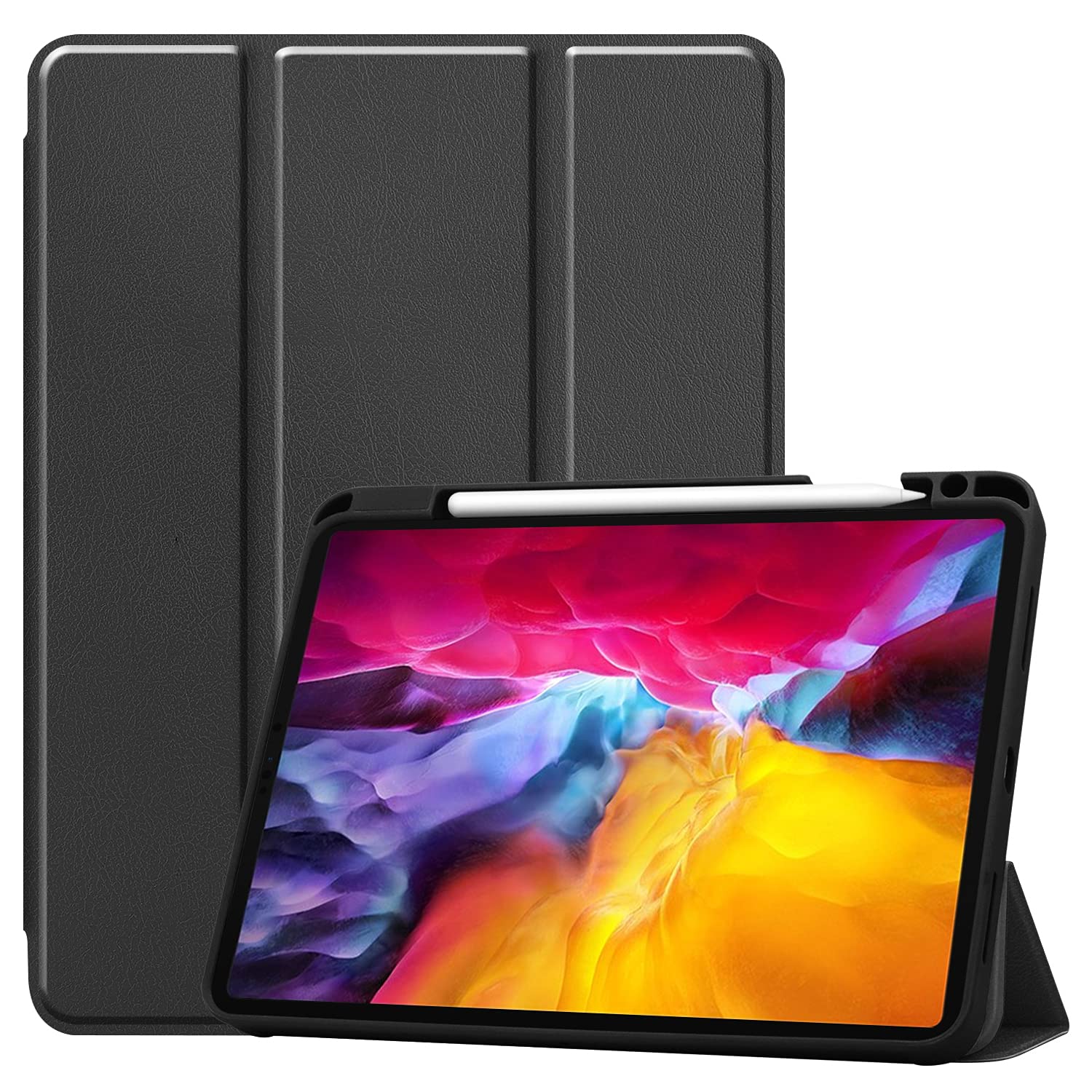 Tri-fold Stand Case for iPad Pro 11-inch 2021 with Pencil Holder, PU Front and TPU Back Full-Body Protective Tablet Magnetic Flip Cover【Apple Pencil Charging + Auto Sleep/Wake】 (Black)