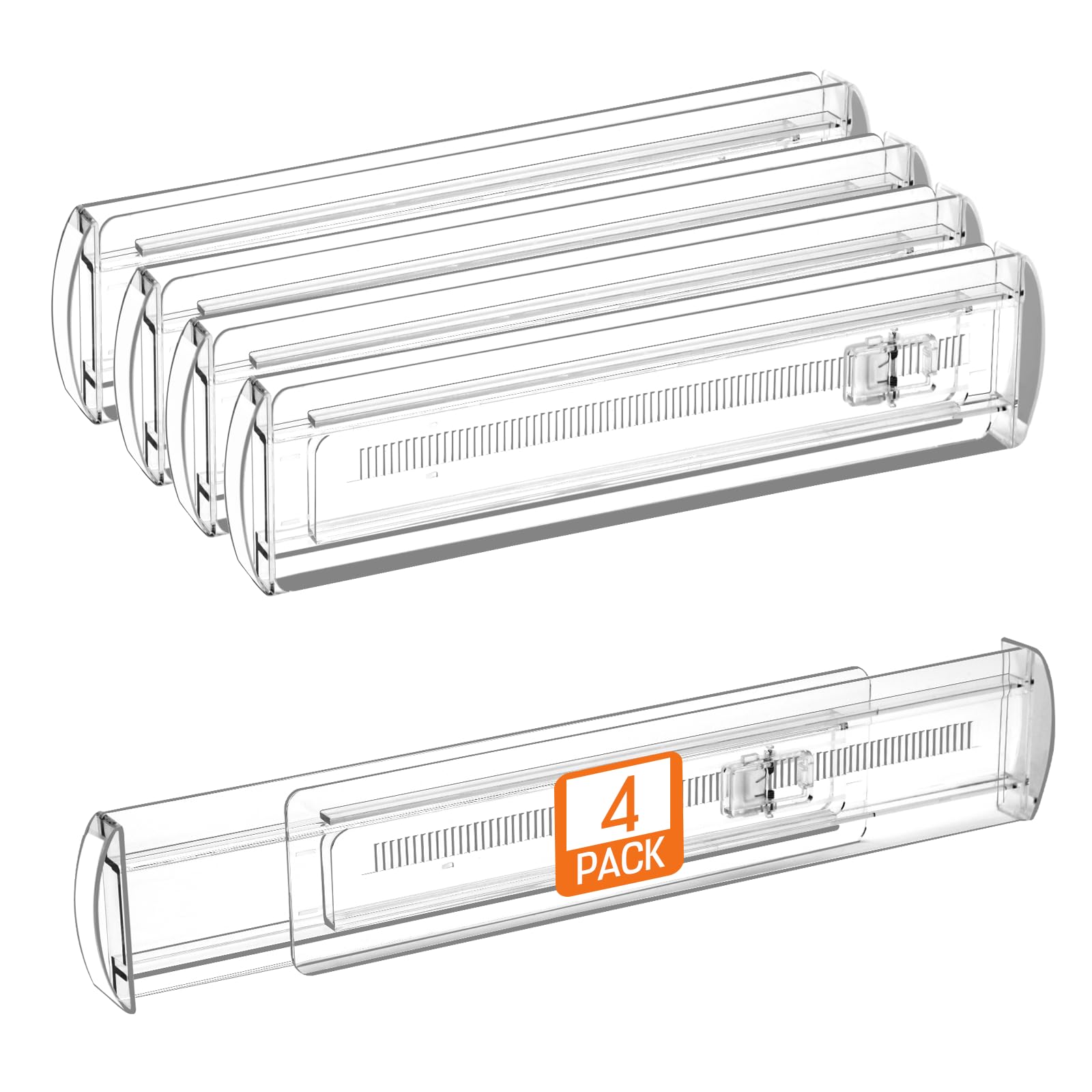 Photo 1 of 4 Pack Drawer Dividers for Clothes, 2.3" High 13"-21" Adjustable Drawer Dividers Expandable Dresser Drawer Organizer, Clear Drawer Separators for Clothes, Underwear, Cosmetic, Kitchen Utensils Storage
