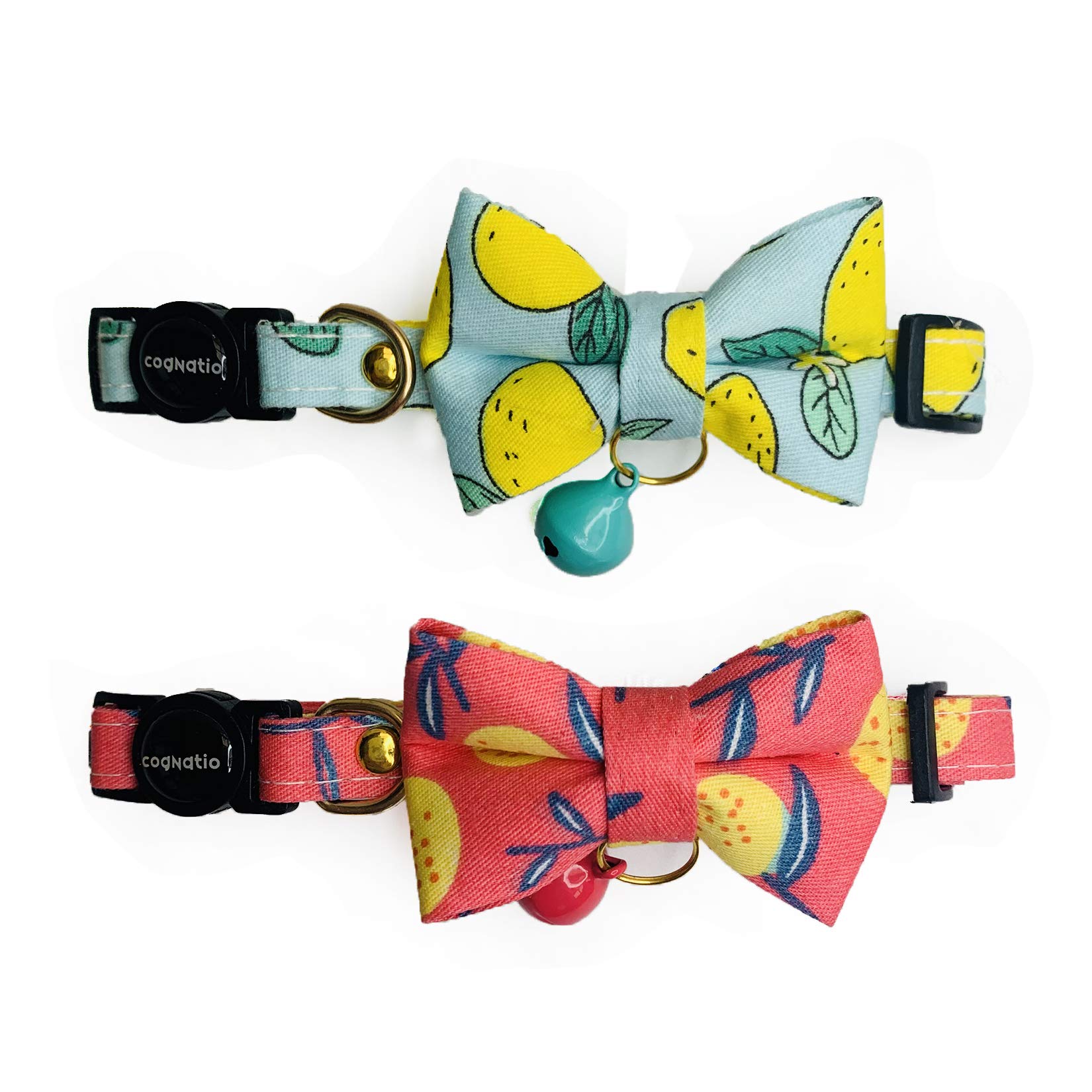 Cognatio Quick Release Cat Collars, Fruit Patterned Kitten Collars with Removable Bell and Bow Tie, Adjustable 20-30 cm, 2 Pack, Lemon Red+Blue