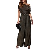 YMDUCH Women's Casual Off Shoulder Short Sleeve Wide Leg Long Pant Elegant Sparkly Party Jumpsuit
