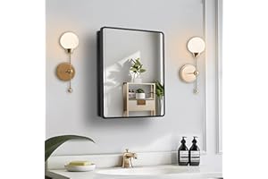 Habison Medicine Cabinet with Mirror, 16x22 inch Black Recessed Medicine Cabinet or Surface Wall Mount Bathroom Cabinets with Adjustable Shelves Metal Framed Mirror, Rounded Rectangle Storage Cabinet