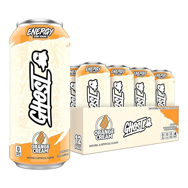 GHOST ENERGY DRINK – 12-PACK, ORANGE CREAM, 16OZ CANS – ENERGY & FOCUS & NO ARTIFICIAL COLORS – 200MG OF NATURAL CAFFEINE, L-CARNITINE & TAURINE – GLUTEN-FREE & VEGAN