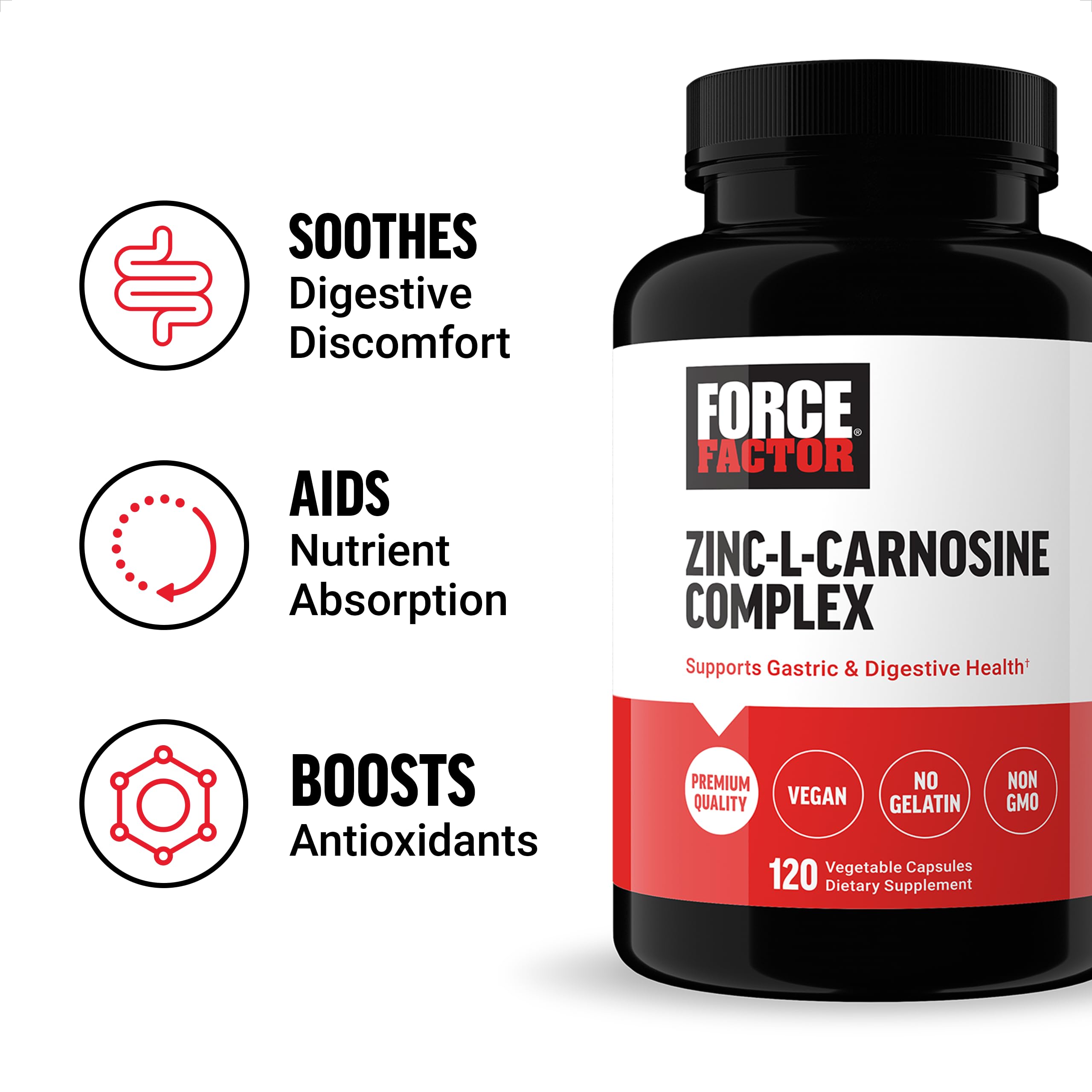 FORCE FACTOR Zinc L-Carnosine Capsules to Support Gastric and Digestive Health, Digestion and Bloating Supplement, Vegan, Non-GMO, No Gelatin, 120 Capsules
