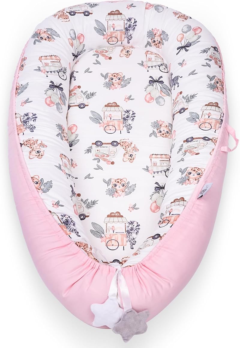 YGJT Baby Nest Pod 100% Cotton Lounger for Newborns Lovely Deer Pink