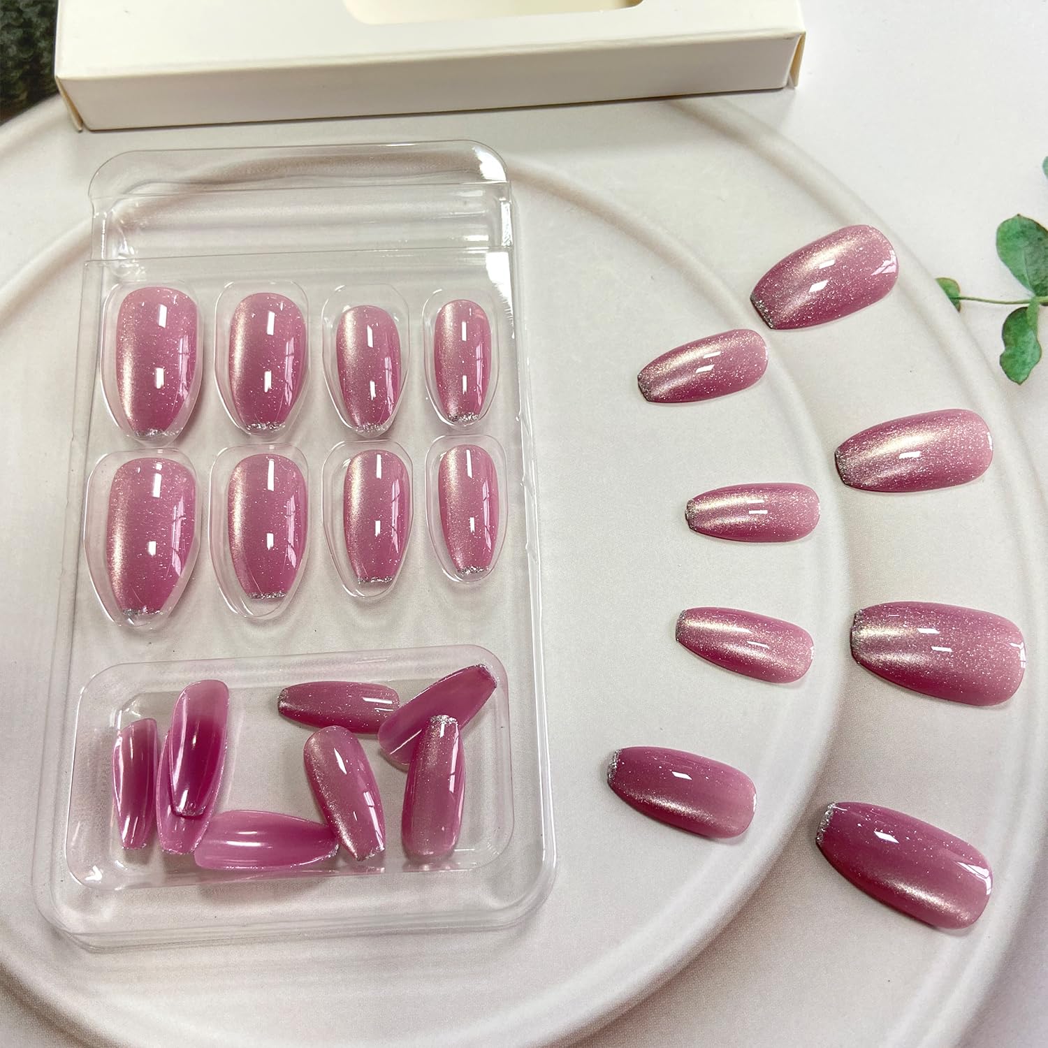 Tyuimhx Pink Cat Eye Press on Nails Medium Coffin Fake Nails Glossy False Nails With Glitter Designs Full Cover Stick on Nails Reusable Acrylic Artificial Nails for Women Glue on Nails 24 Pcs - Image 5