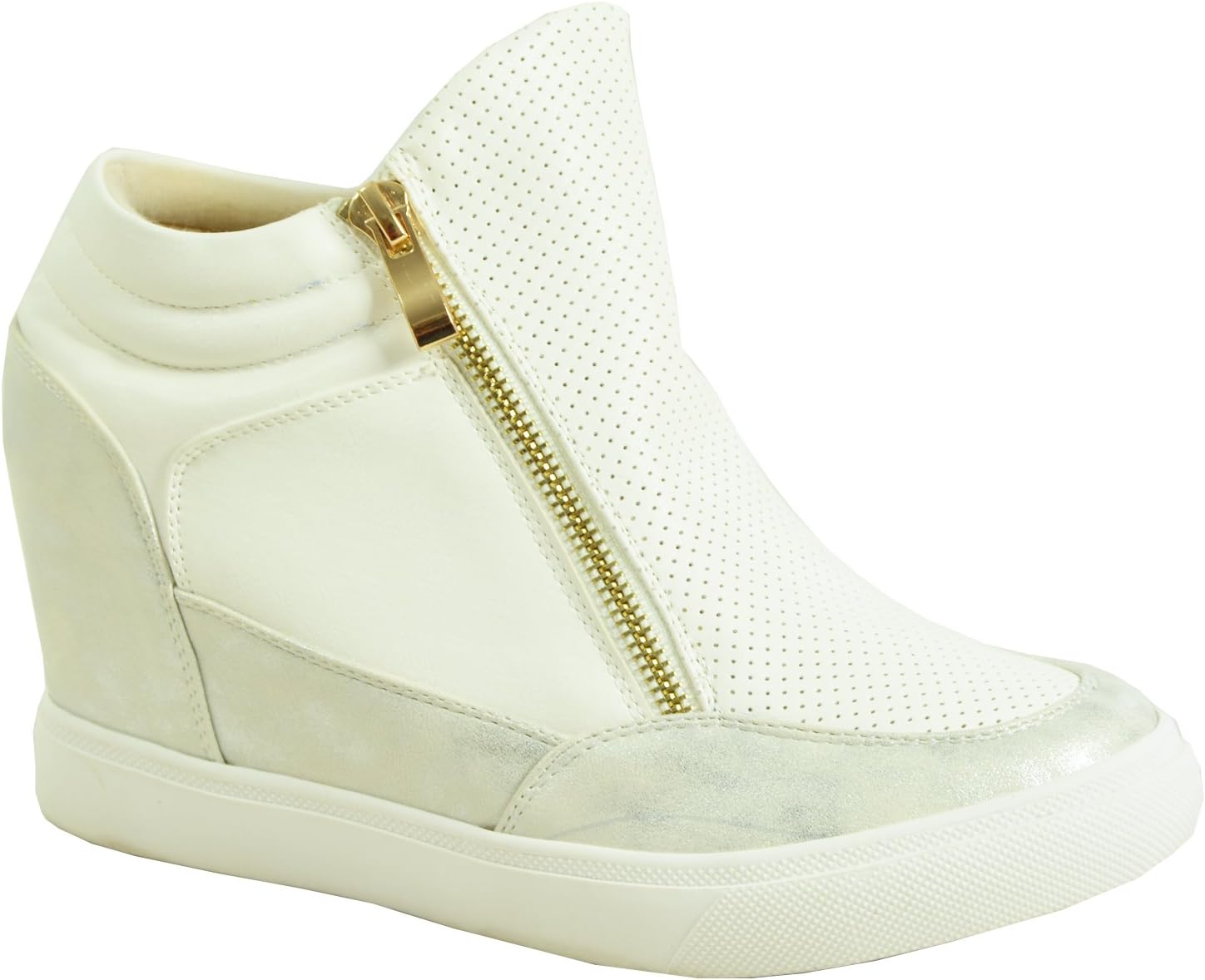 Cucu Fashion Womens Low Wedges Ladies Side Zip Ankle Trainers Sneakers White Pu Shoes Size UK 4