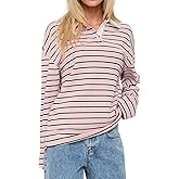 Cioatin Women Oversized Y2K Striped Rugby Polo Shirt Tops Long Sleeve Button Collar Sweatshirt Preppy Pullover Fall Outfits