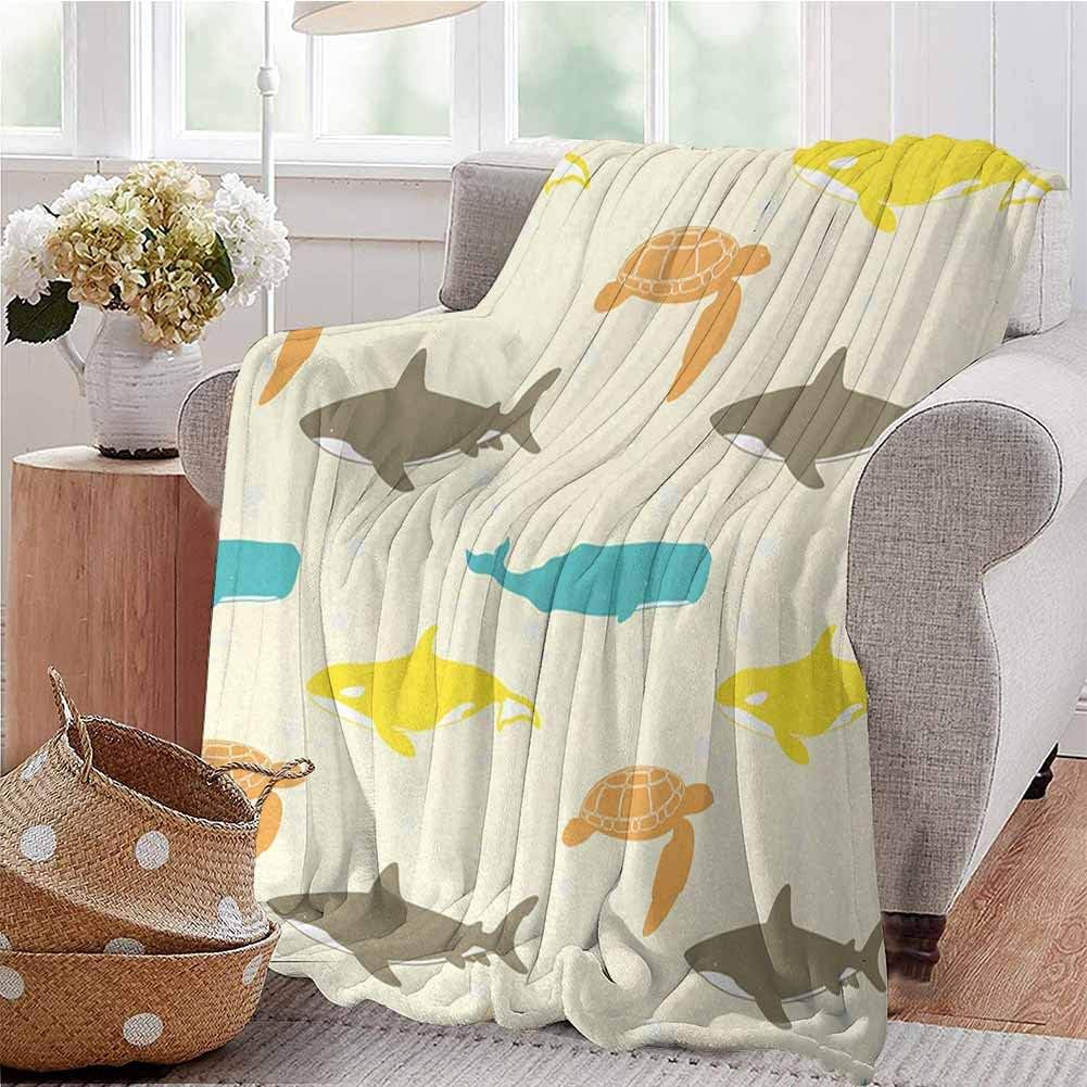KFUTMD Summer Comforter Blanket Pattern with Whale Shark and Turtle Aquarium Doodle Style Marine Life Dorm Bed Baby Cot Traveling Picnic W54 xL84