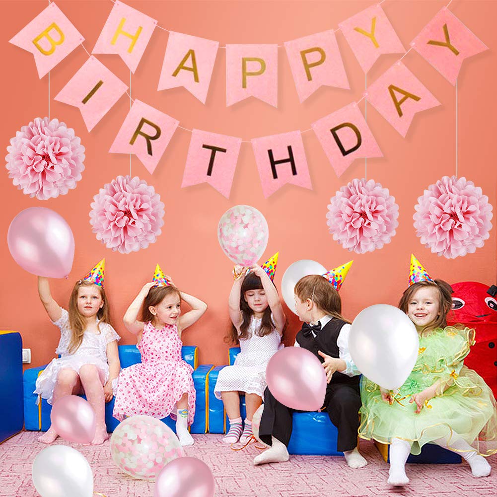 Mmtx Decoration Anniversaire Fille Deco Anniversaire Banniere Guirlande Ballons Avec Anniversaire Decoration Papier De Soie Pompons Rose Et Rose Ballons Pour Fille Petite Amie For 1 An 2 Ans 3 Ans Decorations
