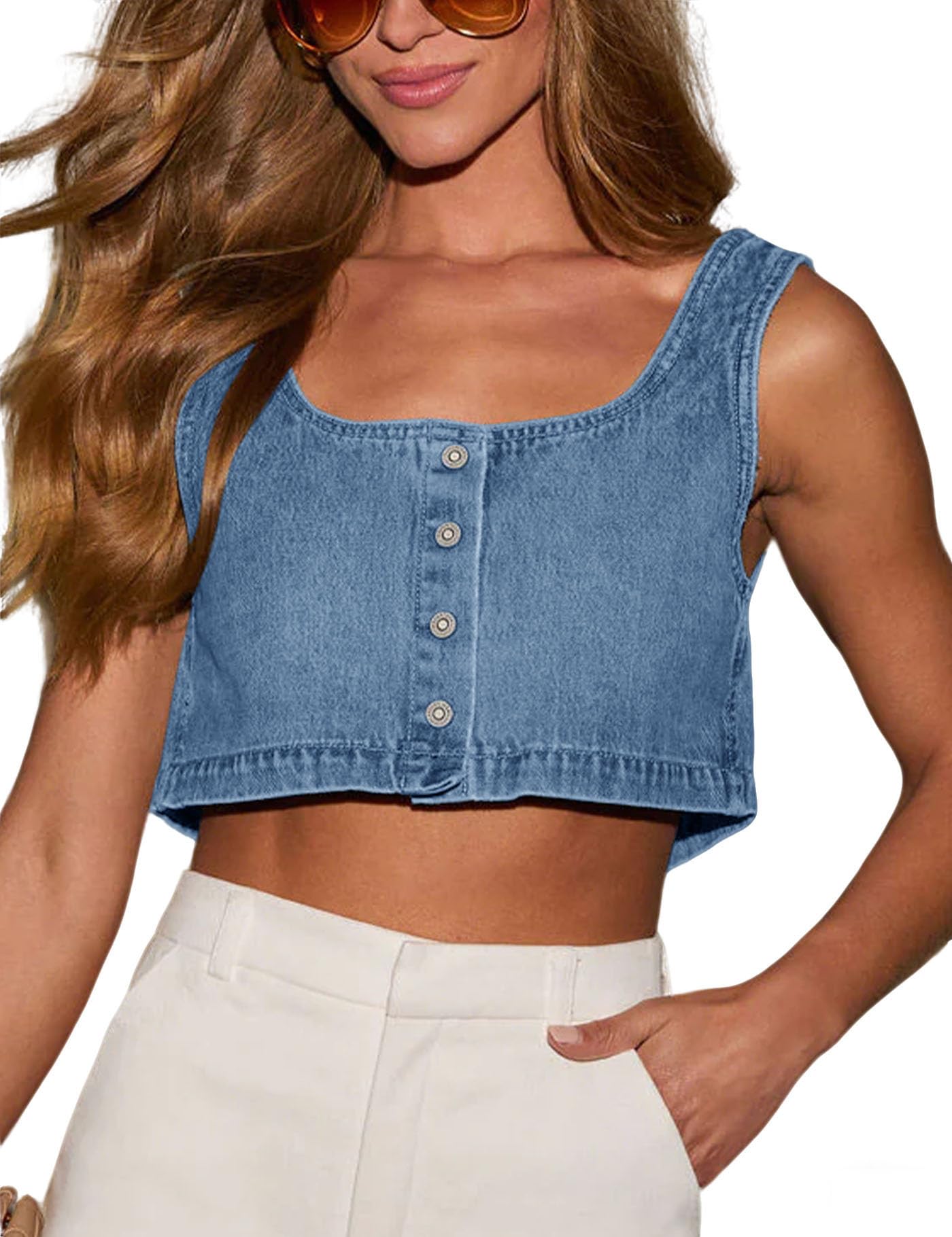 Photo 1 of Limerose Women's Reversible Tank Tops Button Denim Crop Blouses Sleeveless Cami Shirts